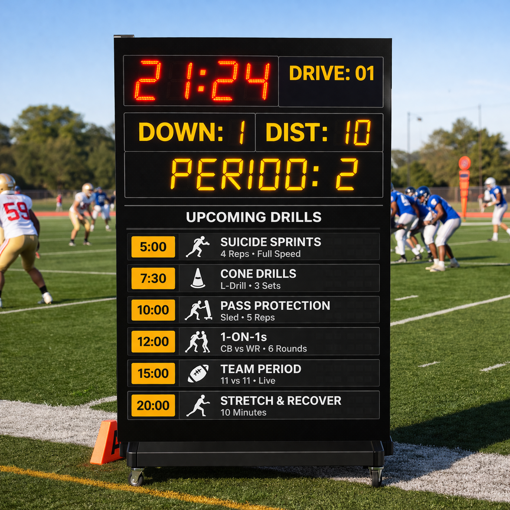 Game Board on a football field showing practice and drill information
